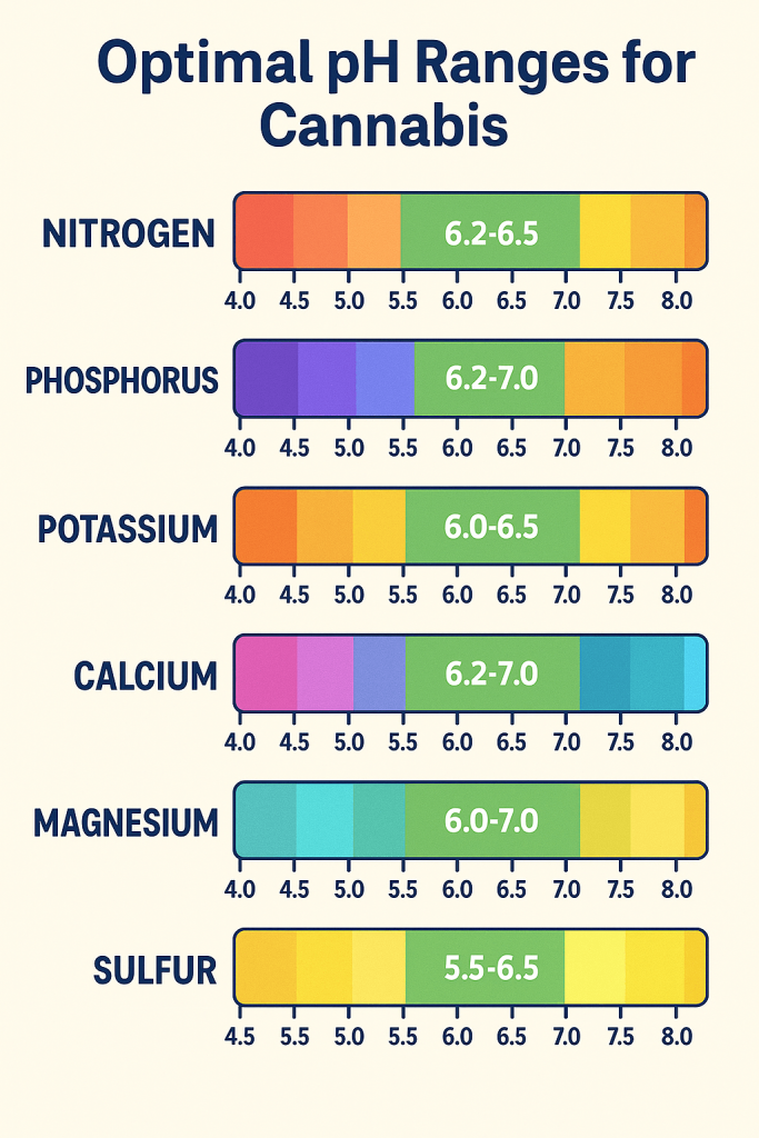 2D infographic titled "Optimal pH Ranges for Cannabis" showing pH bar charts for six key nutrients: nitrogen, phosphorus, potassium, calcium, magnesium, and sulfur, each with a highlighted green zone indicating their ideal pH range for uptake.