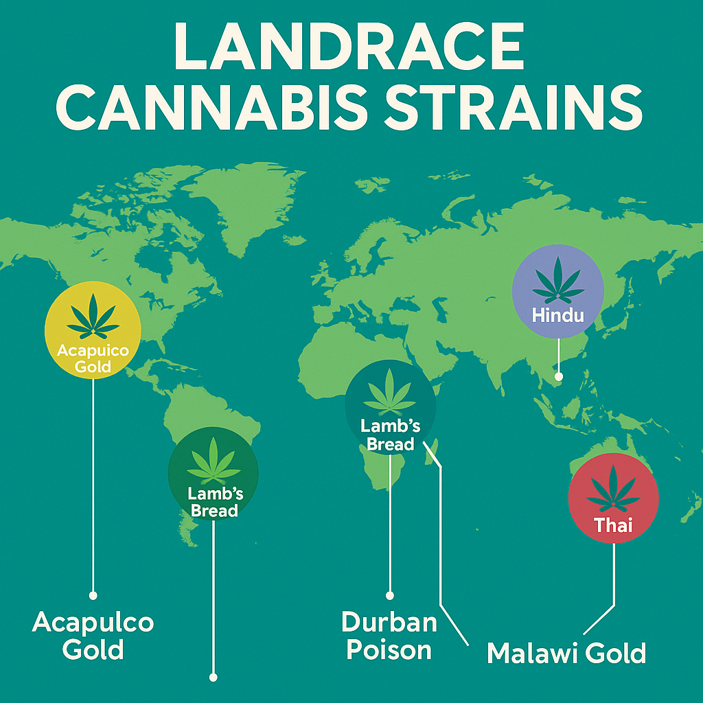 World map infographic showing the geographic origins of six landrace cannabis strains: Acapulco Gold from Mexico, Lamb’s Bread from Jamaica, Durban Poison from South Africa, Hindu Kush from the Middle East, Malawi Gold from Southeast Africa, and Thai from Thailand, each marked with a cannabis icon.