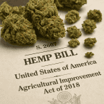 "Close-up of cannabis buds resting on a printed copy of the 2018 Hemp Bill, labeled 'Agricultural Improvement Act of 2018' from the United States government."
