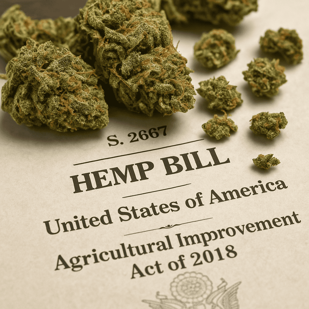 "Close-up of cannabis buds resting on a printed copy of the 2018 Hemp Bill, labeled 'Agricultural Improvement Act of 2018' from the United States government."