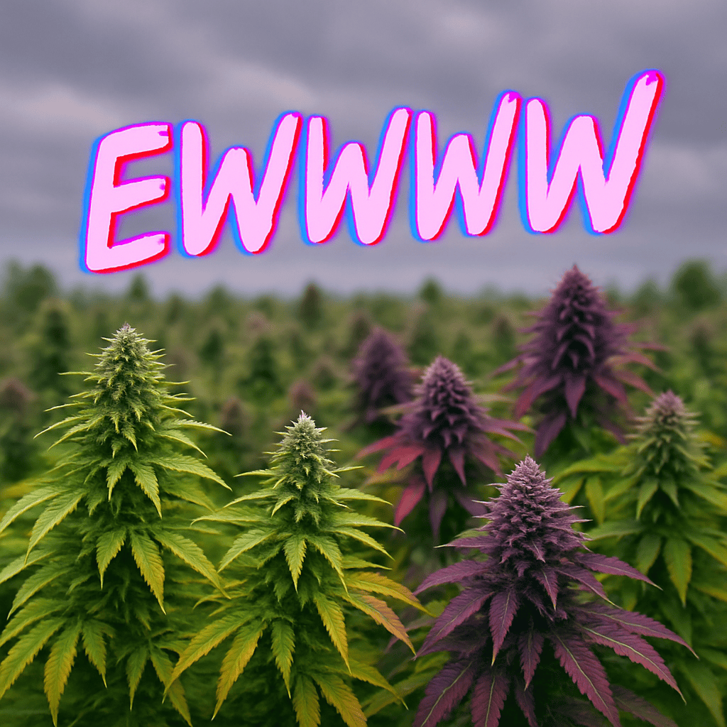 A field of underdeveloped THCa hemp plants with uneven coloration, visually representing poor quality and early harvest, overlaid with neon 'EWWWW' text to highlight the bad taste issue humorously