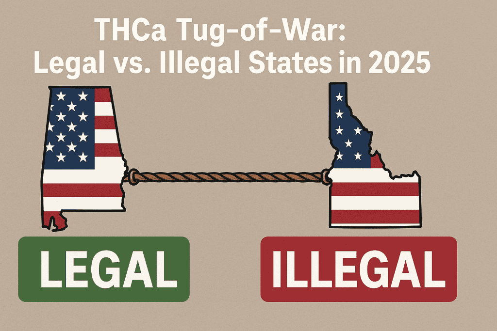 Illustration of a tug-of-war between U.S. states, with Alabama labeled 'LEGAL' and Idaho labeled 'ILLEGAL', representing the national divide over THCa legality in 2025, with each state shown in the shape of its outline and filled with the American flag.