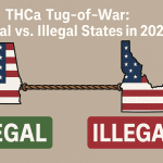 Illustration of a tug-of-war between U.S. states, with Alabama labeled 'LEGAL' and Idaho labeled 'ILLEGAL', representing the national divide over THCa legality in 2025, with each state shown in the shape of its outline and filled with the American flag.