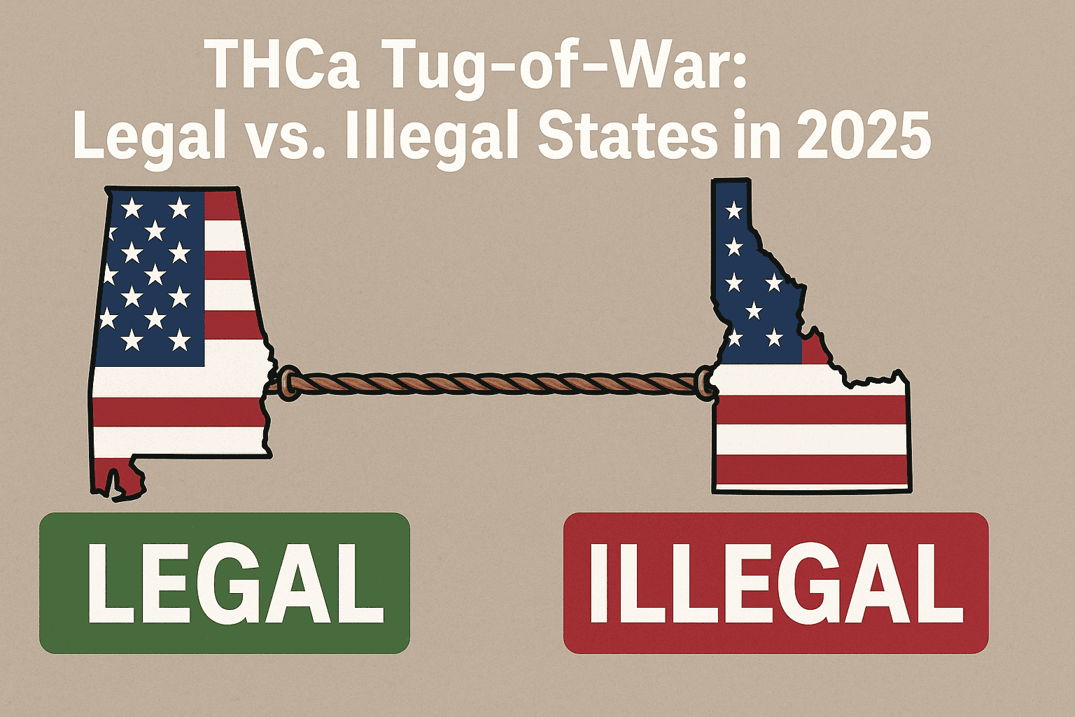 Illustration of a tug-of-war between U.S. states, with Alabama labeled 'LEGAL' and Idaho labeled 'ILLEGAL', representing the national divide over THCa legality in 2025, with each state shown in the shape of its outline and filled with the American flag.
