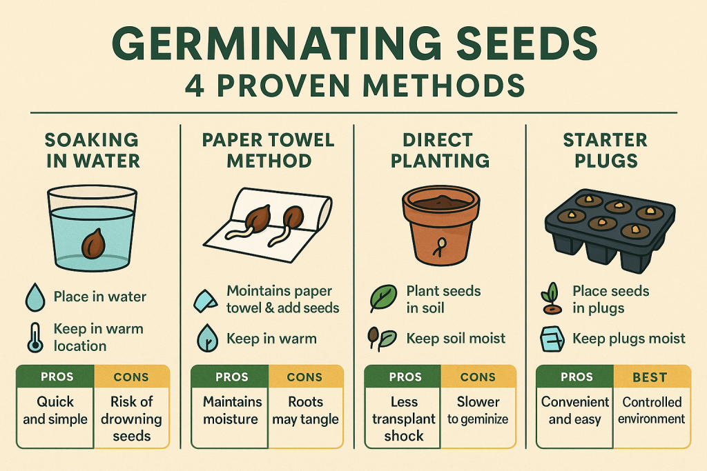 Infographic titled "Germinating Seeds: 4 Proven Methods" showing soaking in water, paper towel method, direct planting, and starter plugs. Each method includes illustrations, brief instructions, and labeled pros and cons for comparison.