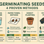 Infographic titled "Germinating Seeds: 4 Proven Methods" showing soaking in water, paper towel method, direct planting, and starter plugs. Each method includes illustrations, brief instructions, and labeled pros and cons for comparison.