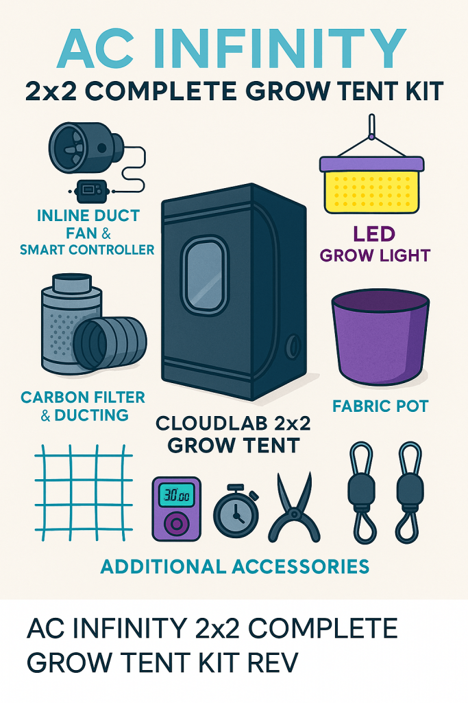 Colorful digital infographic showcases the AC Infinity 2x2 Complete Grow Tent Kit with labeled illustrations of the CLOUDLAB tent, inline duct fan with smart controller, LED grow light, carbon filter, fabric pot, and additional accessories like trellis net, hygrometer, timer, and shears.