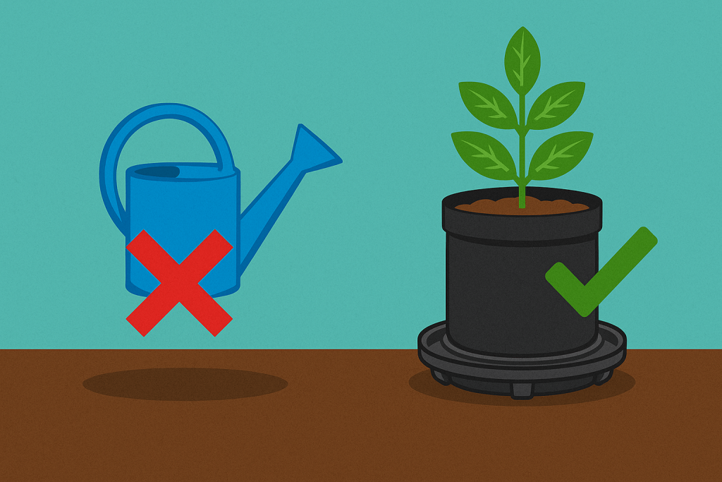 Side-by-side illustration comparing a watering can with a red X to a self-watering fabric pot base with a green checkmark, highlighting improved watering efficiency.