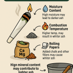 Educational infographic titled “Why Does Ash Color Vary?” showing a chart comparing white, grey, and black ash. Illustrations highlight causes like rolling paper additives, moisture content, combustion temperature, and nutrient residues, debunking the myth that white ash always means higher cannabis quality.