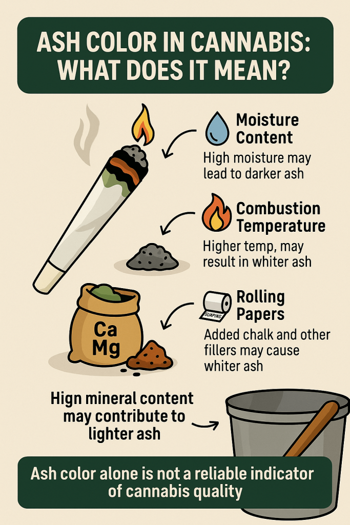 Educational infographic titled “Why Does Ash Color Vary?” showing a chart comparing white, grey, and black ash. Illustrations highlight causes like rolling paper additives, moisture content, combustion temperature, and nutrient residues, debunking the myth that white ash always means higher cannabis quality.