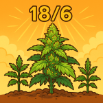 Cartoon illustration showing a large flowering autoflower cannabis plant under an 18/6 light cycle, flanked by two smaller photoperiod cannabis plants still in the vegetative stage, with sunlight rays and a bold ‘18/6’ label above.