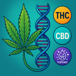 Digital infographic showing a cannabis leaf intertwined with a DNA double helix, alongside labeled icons for THC, CBD, and terpenes, representing the genetic mapping of cannabis compounds.