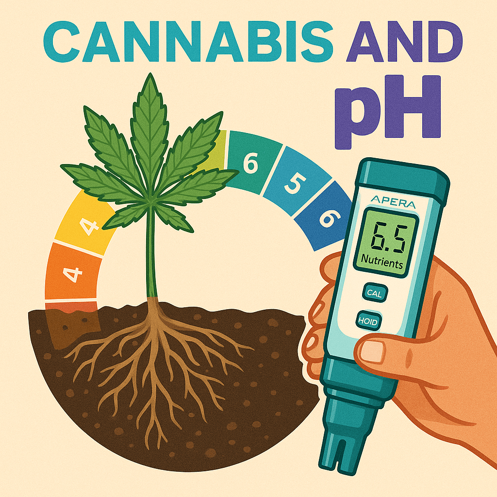 Educational illustration showing a healthy cannabis plant with roots in soil, a surrounding pH scale from acidic to alkaline, and a hand holding an Apera pH meter displaying a reading of 6.5, emphasizing optimal pH for nutrient uptake.