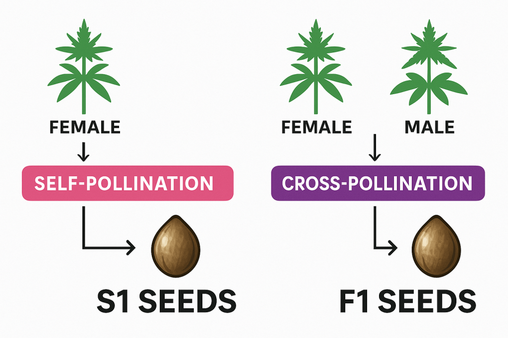 2D digital diagram in infographic style comparing S1 and F1 seed creation; left side shows a female plant undergoing self-pollination to produce S1 seeds, while the right side illustrates cross-pollination between male and female plants resulting in F1 seeds.