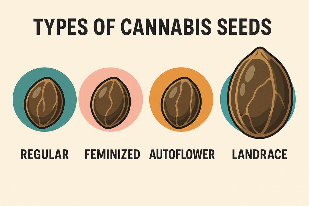 2D digital infographic showing four types of cannabis seeds labeled Regular, Feminized, Autoflower, and Landrace, with the Landrace seed depicted significantly larger to reflect its natural size difference. Each seed type is illustrated with subtle visual traits for easy comparison.
