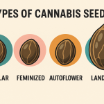 2D digital infographic showing four types of cannabis seeds labeled Regular, Feminized, Autoflower, and Landrace, with the Landrace seed depicted significantly larger to reflect its natural size difference. Each seed type is illustrated with subtle visual traits for easy comparison.