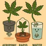 “Playful illustration of cannabis clones rooting in different methods — aeroponic system, peat plugs with dome, and glass of water — each labeled and smiling with white root tips showing.”