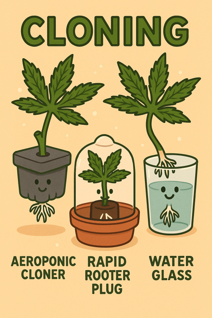 “Playful illustration of cannabis clones rooting in different methods — aeroponic system, peat plugs with dome, and glass of water — each labeled and smiling with white root tips showing.”