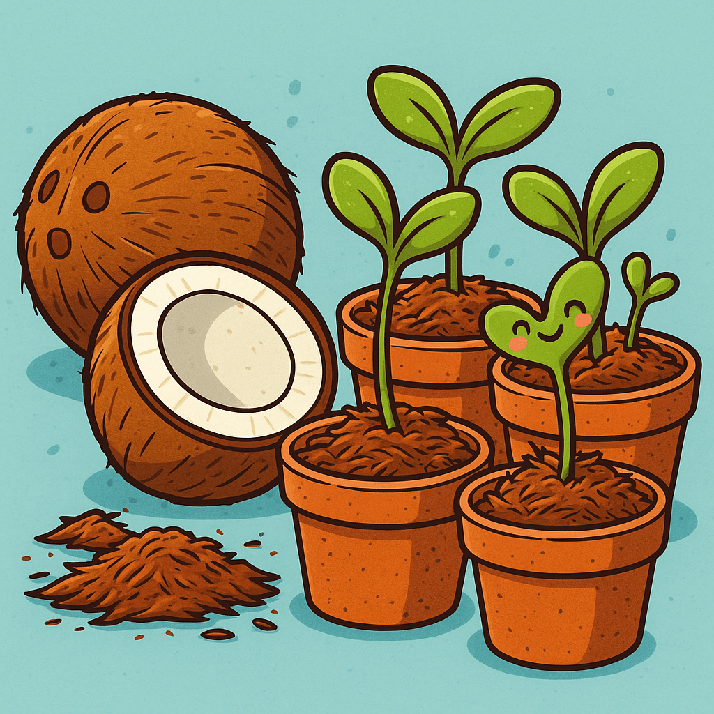 “Cute cartoon-style image of whole and halved coconuts next to small terracotta pots filled with shredded coco coir, each with smiling green seedlings sprouting from them, set against a cheerful pastel background.”