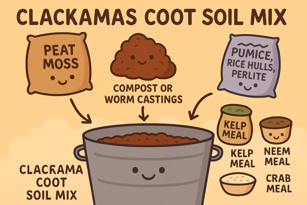 “Fun illustration showing ingredients like peat moss, compost, pumice, neem meal, kelp, and crab meal going into a mixing bin, labeled as Clackamas Coot Living Soil Mix.”