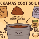 “Fun illustration showing ingredients like peat moss, compost, pumice, neem meal, kelp, and crab meal going into a mixing bin, labeled as Clackamas Coot Living Soil Mix.”