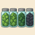 Illustration of four 64oz mason jars filled with cannabis buds in varying colors — light green, medium green, dark green with purple accents, and deep purple-black — each with a pearly white shimmer representing trichomes.