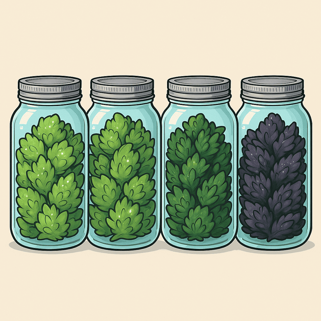 Illustration of four 64oz mason jars filled with cannabis buds in varying colors — light green, medium green, dark green with purple accents, and deep purple-black — each with a pearly white shimmer representing trichomes.