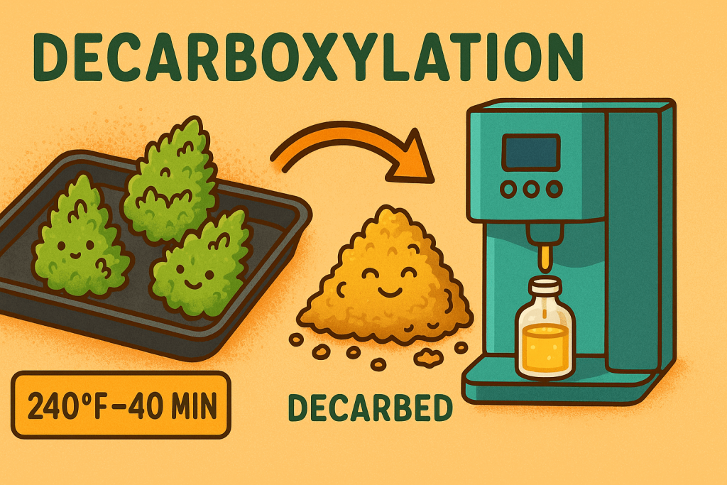 “Step-by-step cartoon of cannabis flower going from raw buds in an oven to golden, decarbed material, with a LEVO machine infusing oil on the side.”