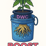 Digital illustration of a cannabis plant thriving in a DWC hydroponic bucket, with visible roots submerged in oxygenated water and neon 'BOOST MODE' text underneath, highlighting accelerated growth through Deep Water Culture.