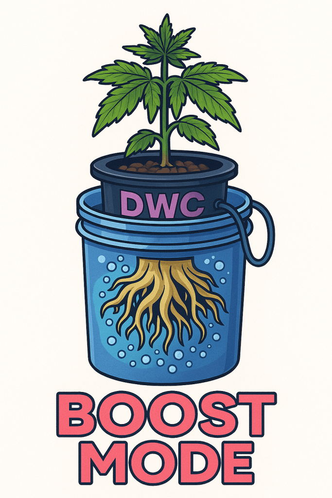 Digital illustration of a cannabis plant thriving in a DWC hydroponic bucket, with visible roots submerged in oxygenated water and neon 'BOOST MODE' text underneath, highlighting accelerated growth through Deep Water Culture.