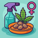 Flat, colorful digital illustration showing a spray bottle on a plate next to a plant with small seeds and a prominent female gender symbol, representing the feminization process in seed production.