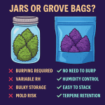 2D digital infographic comparing Grove Bags and glass jars for curing, showing a mason jar filled with green buds on the left labeled with negatives like "burping required" and "mold risk," and a Grove Bag with purple buds on the right labeled with benefits like "no need to burp" and "terpene retention."