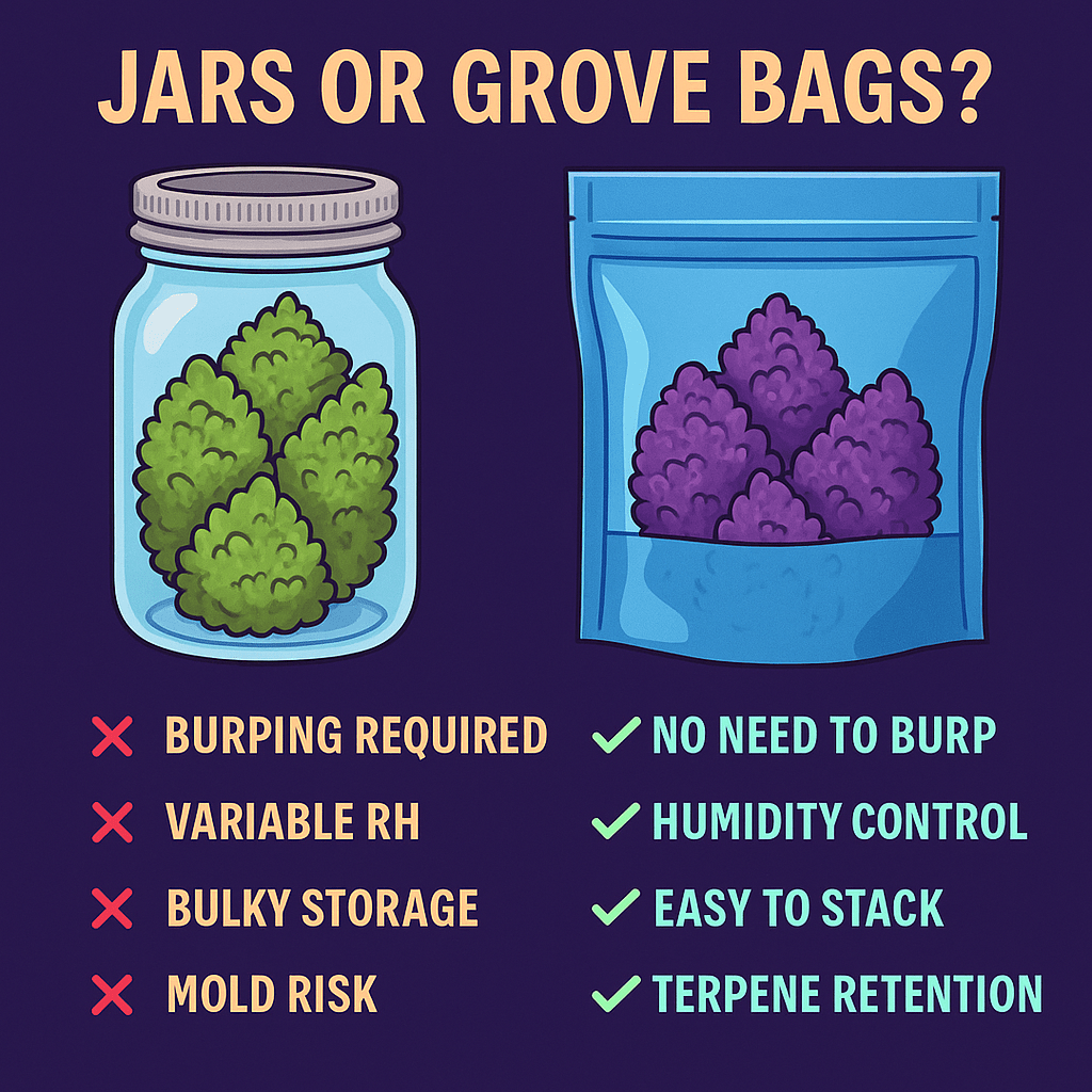2D digital infographic comparing Grove Bags and glass jars for curing, showing a mason jar filled with green buds on the left labeled with negatives like "burping required" and "mold risk," and a Grove Bag with purple buds on the right labeled with benefits like "no need to burp" and "terpene retention."