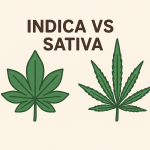 “Side-by-side comparison of a wide, stubby Indica cannabis leaf and a long, narrow Sativa cannabis leaf with the bold title ‘Indica vs Sativa’ above them, set on a clean beige background.”