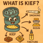 “Fun cartoon illustration of kief being collected in a grinder, then used for smoking, tinctures, rosin pressing, and edibles.”