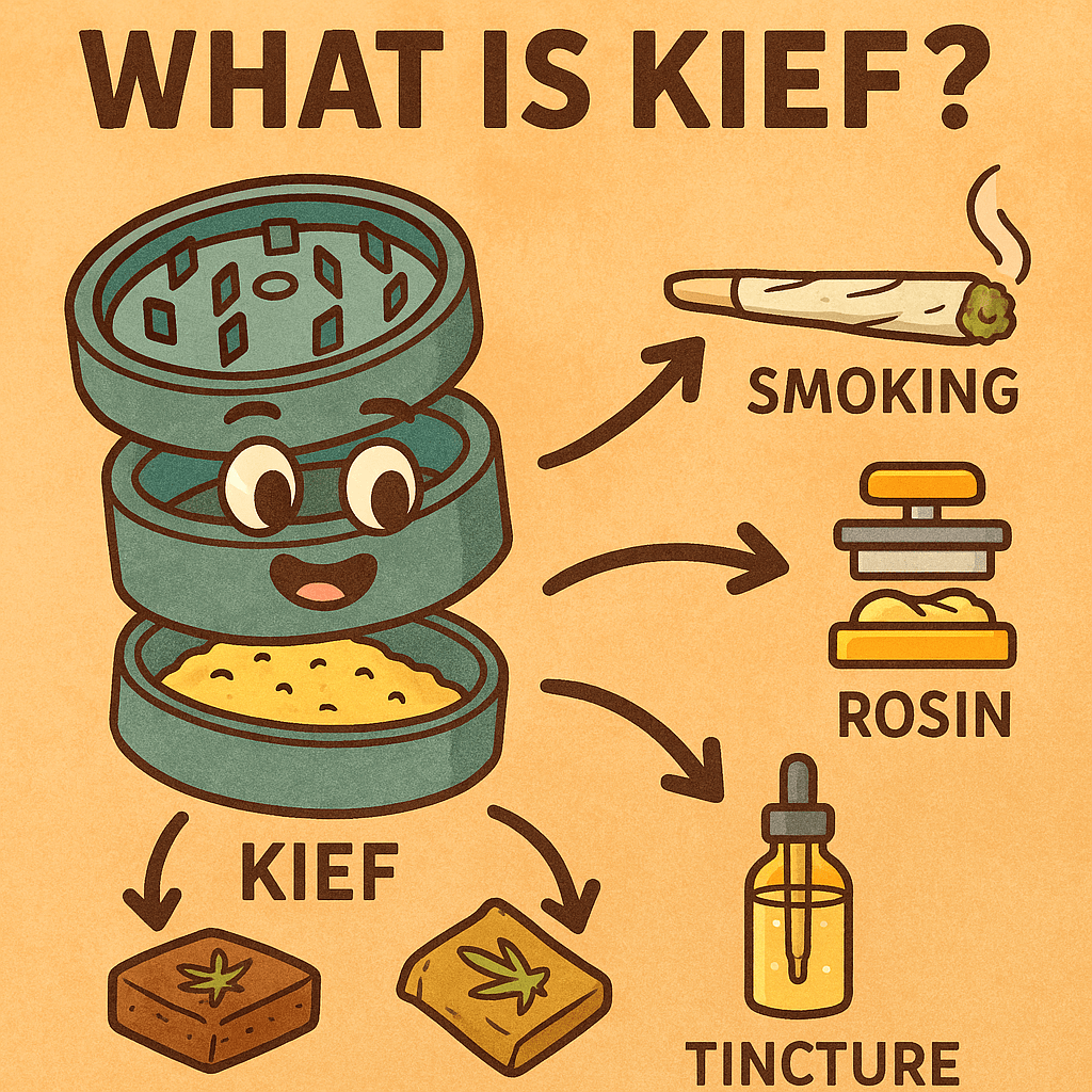 “Fun cartoon illustration of kief being collected in a grinder, then used for smoking, tinctures, rosin pressing, and edibles.”