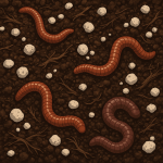 Close-up digital illustration of rich, dark living soil with visible white perlite chunks and several earthworms, showcasing a healthy and biologically active growing medium.