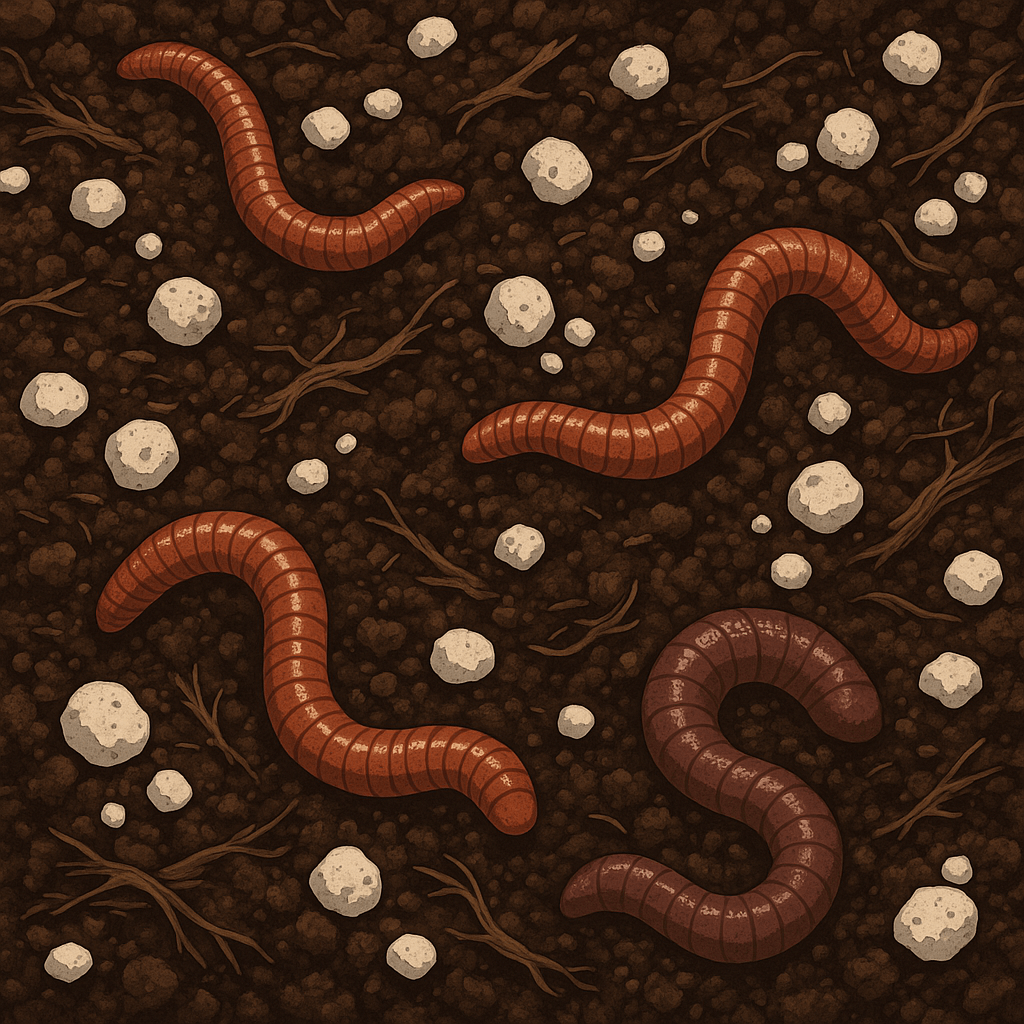 Close-up digital illustration of rich, dark living soil with visible white perlite chunks and several earthworms, showcasing a healthy and biologically active growing medium.