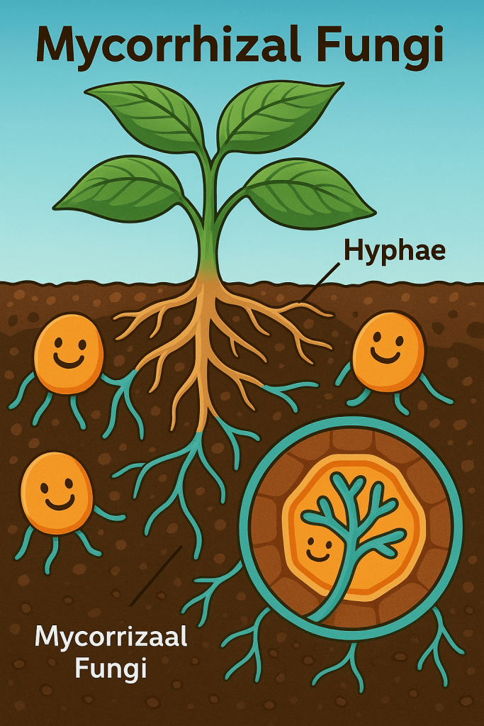 Detailed scientific digital illustration showing mycorrhizal fungi colonizing a plant’s root zone, with labeled hyphae extending from the roots and a magnified inset of an arbuscule structure inside the root cell.