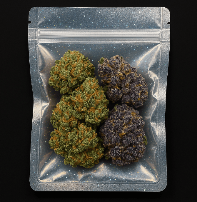 A high-resolution image of a sealed holographic Mylar bag filled with dense, trichome-covered cannabis buds in green and purple hues, displayed against a black background.