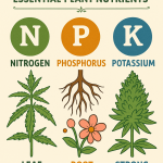 An informative digital illustration infographic titled "NPK: Essential Plant Nutrients" with three sections: Nitrogen (N) showing a leafy plant for leaf growth, Phosphorus (P) with roots and a flower for root development and blooming, and Potassium (K) with a dense bud for strong roots and flowers.