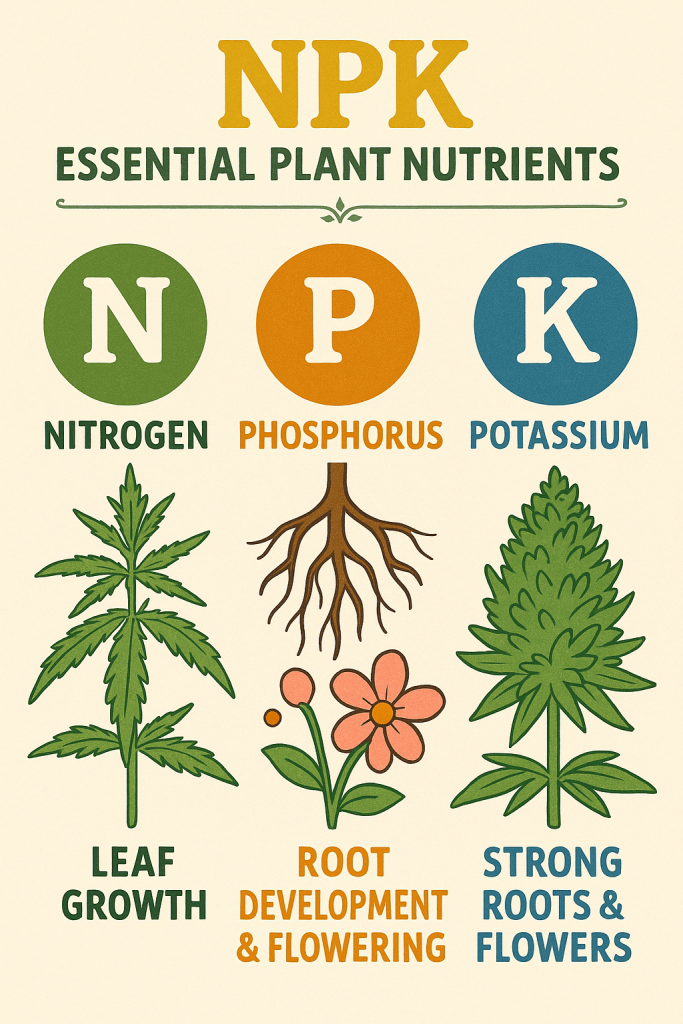An informative digital illustration infographic titled "NPK: Essential Plant Nutrients" with three sections: Nitrogen (N) showing a leafy plant for leaf growth, Phosphorus (P) with roots and a flower for root development and blooming, and Potassium (K) with a dense bud for strong roots and flowers.