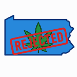 Digital graphic of a blue outline map of Pennsylvania with a green cannabis leaf in the center and a red 'REJECTED' stamp diagonally overlaid across the image.