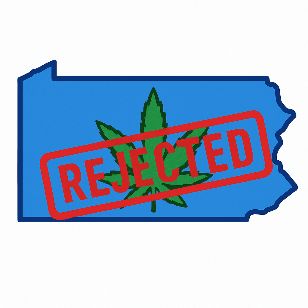 Digital graphic of a blue outline map of Pennsylvania with a green cannabis leaf in the center and a red 'REJECTED' stamp diagonally overlaid across the image.