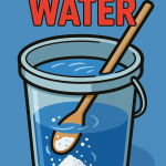 Digital illustration of a plastic mixing bucket filled with water and a wooden stir stick dissolving powdered nutrients. Bold red text at the top reads “STOP BUYING WATER,” highlighting the cost-effectiveness of mixing dry nutrients yourself.