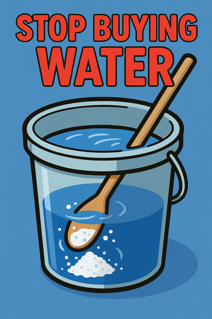 Digital illustration of a plastic mixing bucket filled with water and a wooden stir stick dissolving powdered nutrients. Bold red text at the top reads “STOP BUYING WATER,” highlighting the cost-effectiveness of mixing dry nutrients yourself.