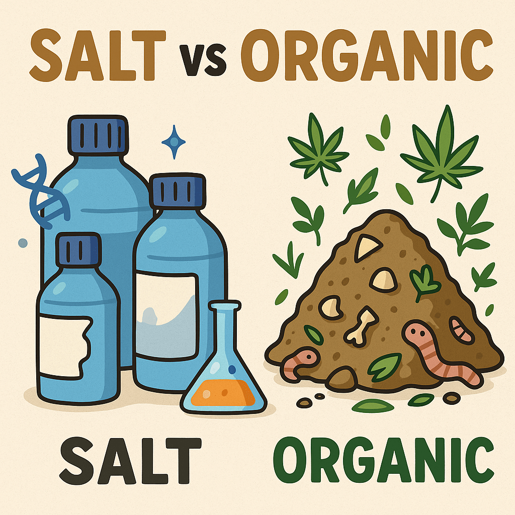 Cartoon-style digital illustration comparing salt-based and organic nutrients, with “SALT vs ORGANIC” at the top. Left side shows blue plastic bottles representing salt-based fertilizer; right side features a mound of organic material with bone fragments, shells, leaves, and worms, illustrating organic inputs.