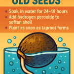 Colorful digital infographic titled "Germinating Old Seeds" showing a seed soaking in a glass of water with a sprouted taproot. Includes three steps: soaking 24–48 hours, adding hydrogen peroxide to soften the shell, and planting once the taproot forms.