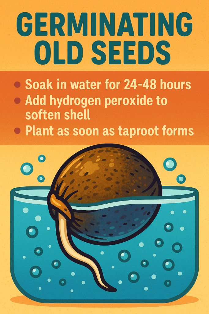 Colorful digital infographic titled "Germinating Old Seeds" showing a seed soaking in a glass of water with a sprouted taproot. Includes three steps: soaking 24–48 hours, adding hydrogen peroxide to soften the shell, and planting once the taproot forms.