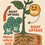 A colorful, cartoon-style infographic showing the pathway of Mono-silicic acid from the soil into plant roots, up through the stem, and into leaves and flowers. Includes smiling silica molecules, strong plant stems, and vibrant buds labeled “Stronger Growth” and “Better Yields.” Text reads “Silica’s Journey from Soil to Flower.”